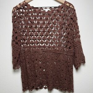 Women Chocolate Brown Crochet Knit Top Medium Boho Festival Indie Grunge Goblin